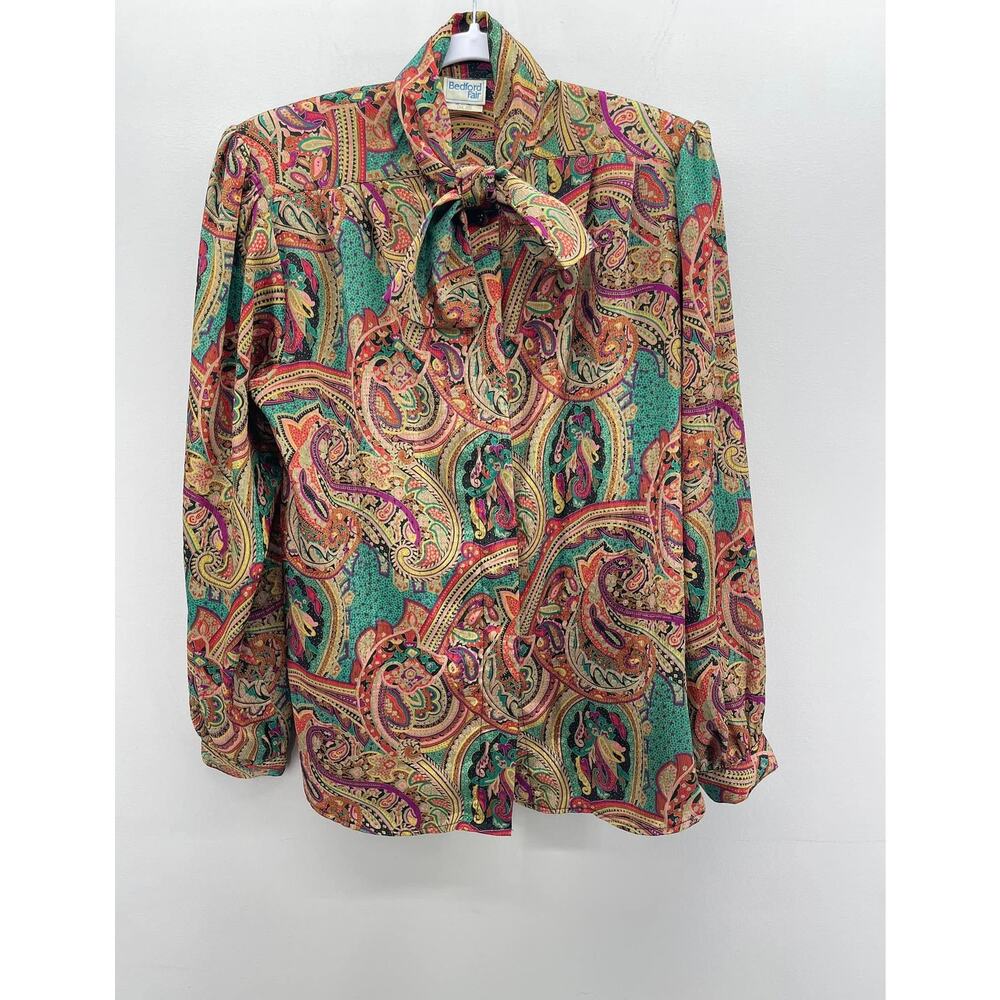 Vintage 80s Bedford Fair Turquoise‎ Paisley Jabot Necktie Blouse w/Shoulder Pads